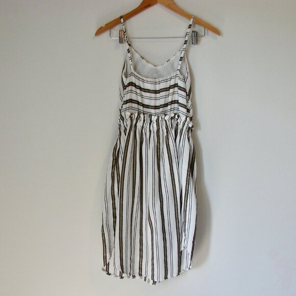 Linen Blend Dress Spaghetti Strap Lauren Vidal White Black Tan Stripe Small - Picture 8 of 12